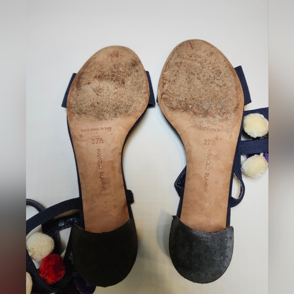 Manolo Blahnik Blue Denim Linen Ankle Wrap PomPom Heel Sandals Shoe S 7M EU 37.5